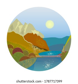 Beautiful mountain landscape in the form of a round sticker. Vector image of mountains, rivers, lakes, and forests.