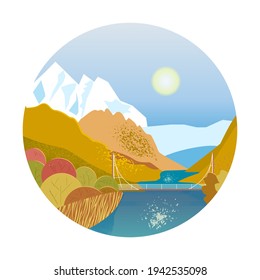 Hermoso paisaje montañoso en forma de pegatina redonda. Imagen vectorial de montañas, ríos, lagos y bosques.