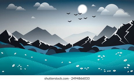 Beautiful mountain landscape. Grassy, ​​with cute flowers, fields and hills against the background of forest, mountains, sky with sun, clouds, flying birds. Author's work. Vector.