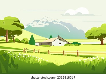 Hermoso paisaje montañoso con colinas verdes praderas de cielo brillante y árboles grandes por la mañana. Ilustración de vectores