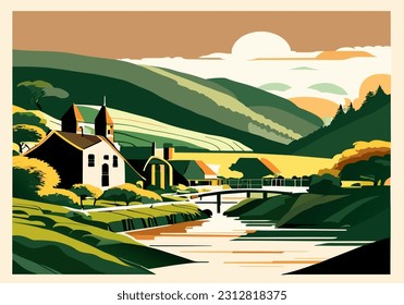 Beautiful mountain landscape with green hills bright sky meadow and big tree in the morning. Vector illustation