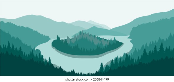 Beautiful mountain landscape with green island on a mountain river.