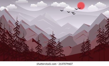 Beautiful mountain landscape in grey-burgundy tones. Coniferous trees, hills, mountains, sky, sun, clouds, silhouettes of flying birds. Author's work. Vector. 