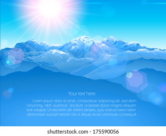 Beautiful mountain landscape (hand drawn with brushes) and sun with lens flares - vector illustration.