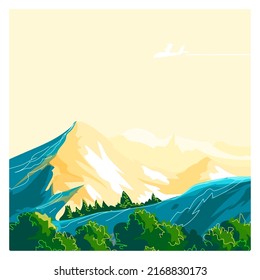 Beautiful mountain landscape hand drawn vector illustration nature background.
