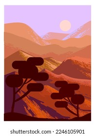 Beautiful mountain landscape hand drawn vector illustration background. Nature scenery with trees and hill peaks silhouettes on horizon.