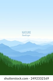Beautiful mountain landscape. High mountain ranges and dense lush forest. Design for poster, flyer, postcard, wallpaper. Concept of tourism. Vector image.
