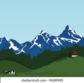 beautiful mountain landscape, hut and black and white cows eating on pasture. Vector illustration