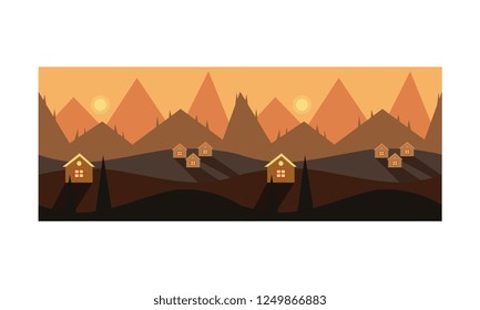 Beautiful mountain landscape ith houses, sunset or sunrise over the mountains vector Illustration