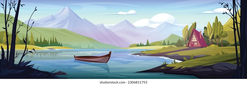 Schöne Berglandschaft mit See. Vektorgrafik-Illustration der Frühlingsalpine, auf Wasser schwimmendes Holzboot, Glanzhütte im grünen Tal, Pinienwald, blauer Himmel mit Wolken