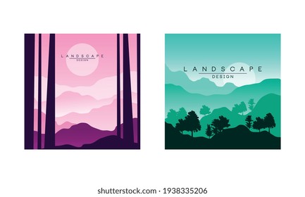 Beautiful Mountain Landscape at Morning and Evening, Peaceful Nature at Different Times of Day Background, Banner, Poster, Cover Set Vector Illustration Beautiful Mountain Landscape at Morning and Evening, Peaceful Nature at Different Times of Day Background, Banner, Poster, Cover Set Vector Illustration
