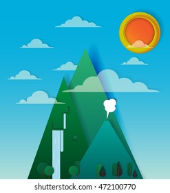 Beautiful mountain landscape paper art with sunshine vector and illustration