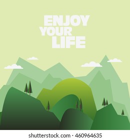 Beautiful  mountain landscape with pine forest. Nature, camping, travel, vacation and holiday vector concept