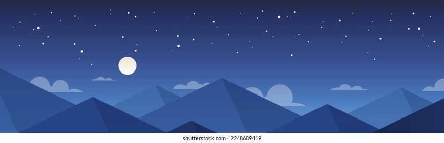 Beautiful mountain landscape and mountain range. Vector illustration of dark night, mountains, moon and stars. Trendy modern natural background design.