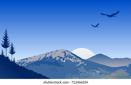 A beautiful mountain landscape with a rising sun and soaring eagles