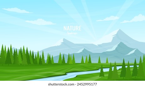 Beautiful mountain landscape. A river flowing through a green valley, trees growing on the banks of the river. Mountain ranges and a clear sky. Summer sunny day. Concept of tourism. Vector image.