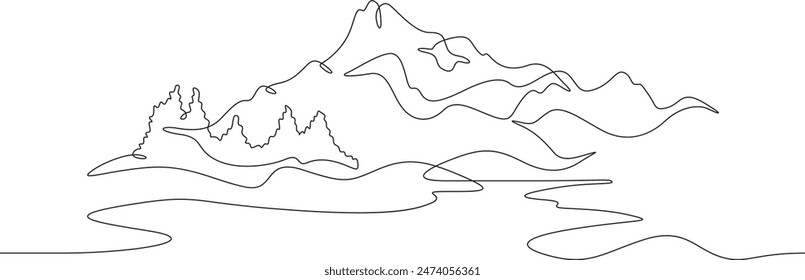 Beautiful mountain landscape. River valley. Mountain lake. Rocky hills.One continuous line . Line art. Minimal single line.White background. One line drawing.