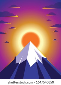 Beautiful mountain landscape with setting sun in the evening, sundown over peak scenic nature vector illustration, tranquil calm image for relaxing.