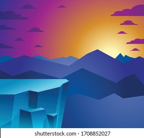 Beautiful mountain landscape with setting sun in the evening, sundown over peak scenic nature vector illustration, tranquil calm image for relaxing.