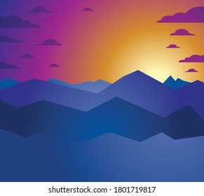 Beautiful mountain landscape with setting sun in the evening, sundown over peak scenic nature vector illustration, tranquil calm image for relaxing.