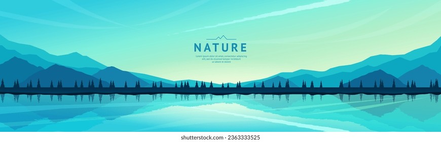Beautiful mountain landscape. The spire mountains are reflected in the water. Fir trees on the shore of a lake or river. Sunrise, bright clear sky. Wide banner. Concept of tourism. Vector illustration