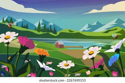Beautiful mountain landscape in spring. Bees flying over flowers. Illustration