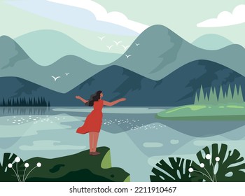 Beautiful mountain landscape. Spring panorama with high cliffs, lake and forest trees. Girl admires surrounding nature. Wild Valley. Design element for banner. Cartoon flat vector illustration