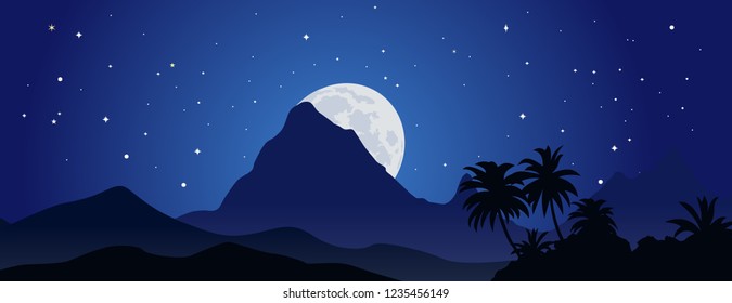 Beautiful mountain landscape at starry moonlight night. Vector illustration.