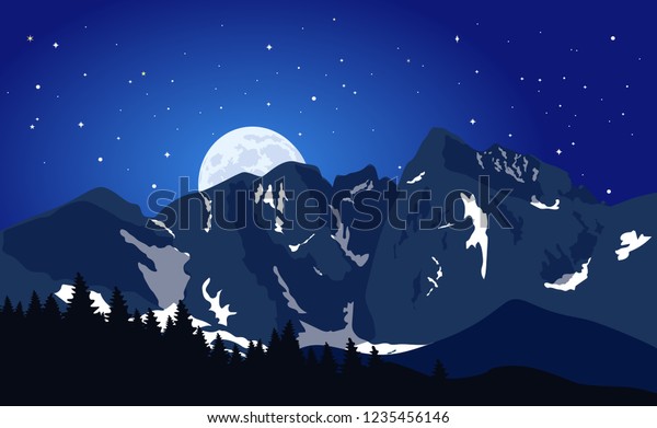 Beautiful mountain landscape at starry moonlight night. Vector illustration.