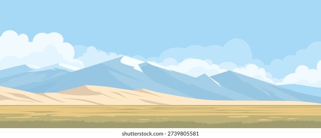 Beautiful mountain landscape with stunning clouds. Steppe fields against a backdrop of high mountains. Vector nature landscape illustration with mountains.