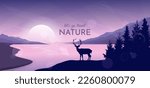 Beautiful mountain landscape. The sun sets behind the horizon, the mountains in the evening twilight. Silhouette of deer on the shore of the lake. Silhouettes of fir trees in the foreground. Wildlife.