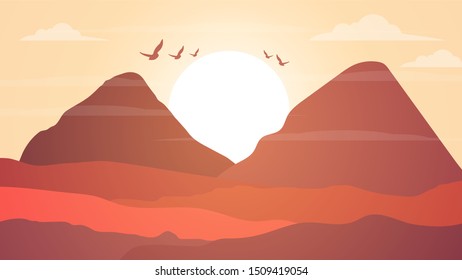 Beautiful mountain landscape at sunrise with birds Vector