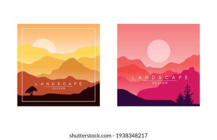 Beautiful Mountain Landscape at Sunrise and Sunset, Peaceful Nature Background, Banner, Poster, Cover Set Vector Illustration