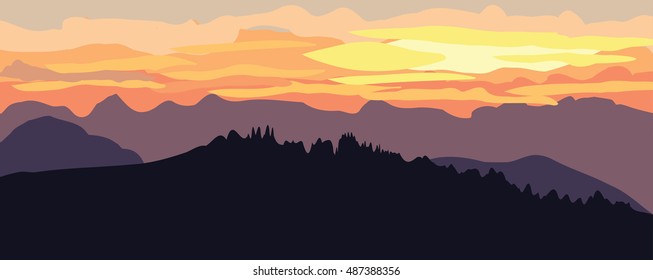 Beautiful mountain landscape at sunset . Cloudy sky, vector