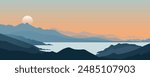 Beautiful mountain landscape at sunset or dawn overlooking the lake. Stunning misty landscape of mountains and bay with amazing sunset. Wonderful panoramic landscape of nature. Vector illustration.