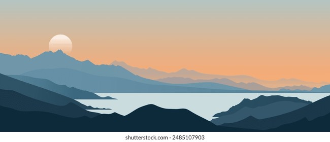 Hermoso paisaje de montaña al atardecer o al amanecer con vistas al lago. Impresionante paisaje brumoso de montañas y bahía con impresionante puesta de sol. Maravilloso paisaje panorámico de la naturaleza. Ilustración vectorial.