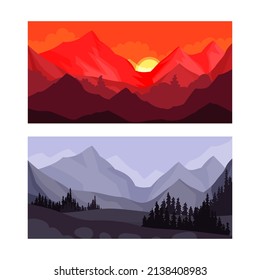 Beautiful mountain landscape at sunset and night vector illustration
