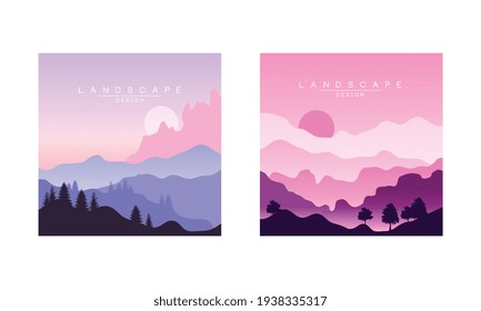 Beautiful Mountain Landscape at Sunset, Peaceful Nature Background, Banner, Poster, Cover Set Vector Illustration