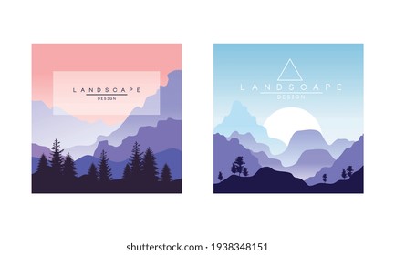 Beautiful Mountain Landscape at Sunset, Peaceful Nature Background, Banner, Poster, Cover Set Vector Illustration