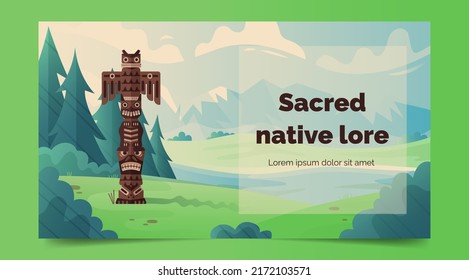 Schöne Berglandschaft mit Totem Indianer. Banner mit Platz für Text. Flache Vektorgrafik
