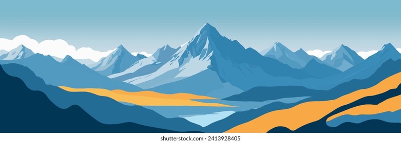 Beautiful mountain landscape with valleys, panorama of snow-covered mountains on the background of clear sky. Vector illustration