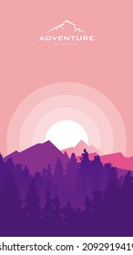 Beautiful mountain landscape vector illustration with copy space and Peaceful warm sunrise over mountains, and pine forest. Adventure, hiking, outdoors, and travel concept. 