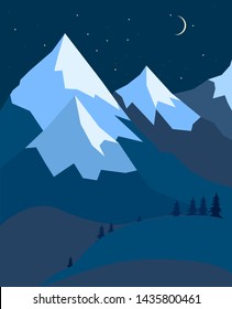 beautiful mountain landscape, vector illustration,night ,flat style