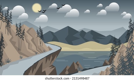 Beautiful mountain landscape. A winding road among the rocks with coniferous trees against the backdrop of a lake, hills, mountains, sky with the sun, clouds, silhouettes of flying birds. Vector. 