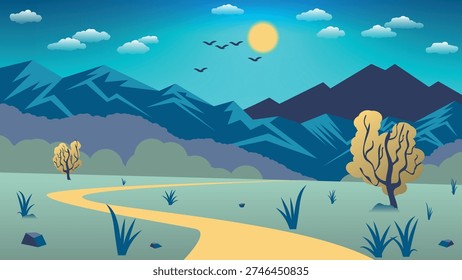 Beautiful mountain landscape. A winding road through a grassy field against a backdrop of hills, forest, sky with sun, clouds, and flying birds. Author's work. Vector.