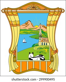 Beautiful mountain landscape from the window with a cat lying on the windowsill. Alpine idyll view from the window. Home tranquil scene cat lying on the windowsill. The vector image.
