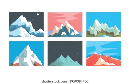 Beautiful Mountain Landscapes Collection, Peaceful Scenery Featuring Snowy Mountain Peaks in Different Times of Day Vector Illustration