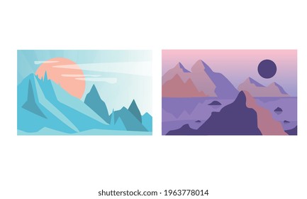 Beautiful Mountain Landscapes at Different Times of the Day Set, Serenity Scenes of Naturet, Poster, Card, Banner Design Element Cartoon Vector Illustration
