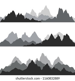 Beautiful mountain landscapes in the morning. Vector horizontal banners. Mountain ridges isolated on white. Set of outdoor design elements.