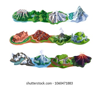 Beautiful mountain landscapes set with different types of peaks volcanoes rocks and mounts isolated vector illustration